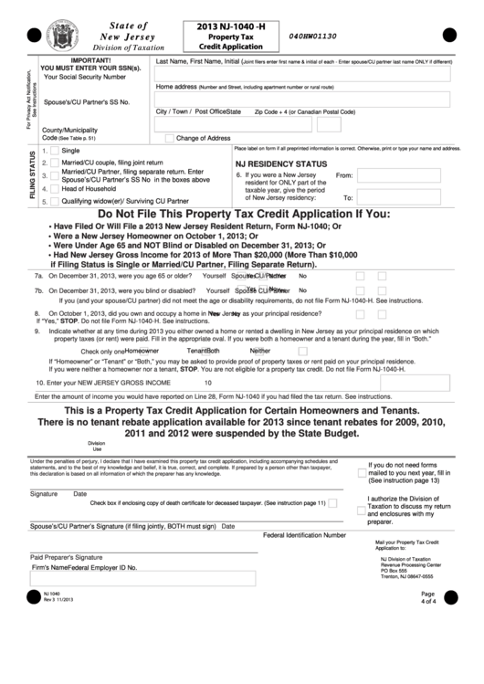 Fillable Form Nj1040H Property Tax Credit Application 2013