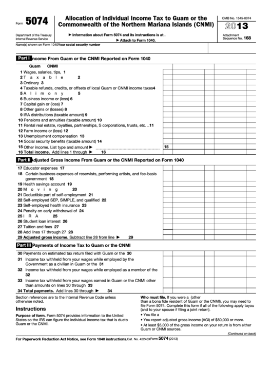 Fillable Form 5074 Allocation Of Individual Tax To Guam Or The
