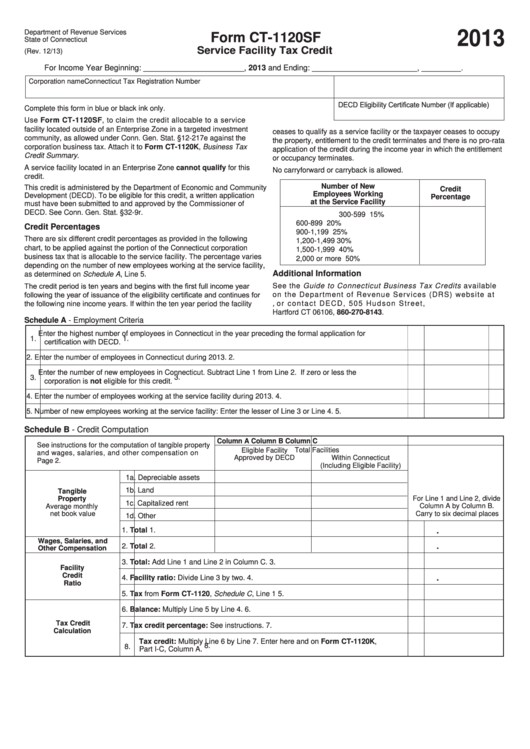 Form Ct1120sf Service Facility Tax Credit 2013 printable pdf download