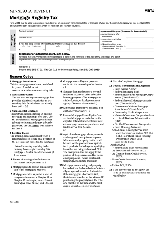 Fillable Form Mrt1 Mortgage Registry Tax printable pdf download