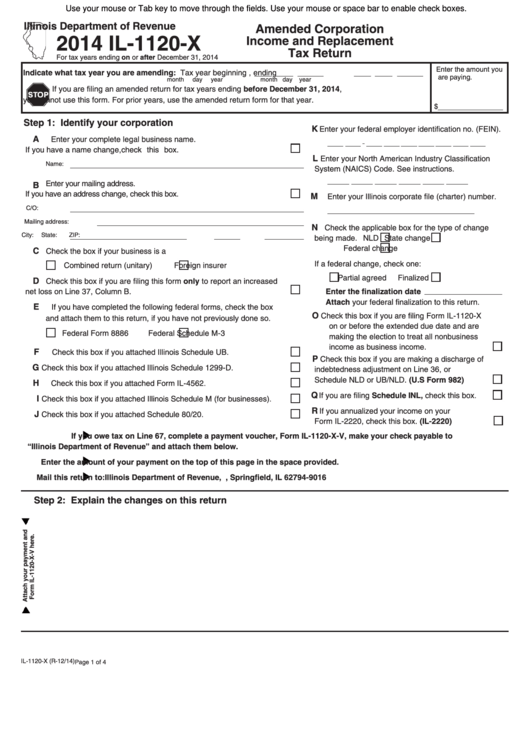 Fillable Form Il1120X Amended Corporation And Replacement Tax Return 2014 printable
