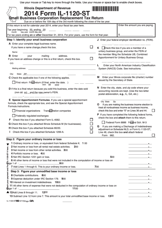 Fillable Form Il1120St Small Business Corporation Replacement Tax Return 2014 printable