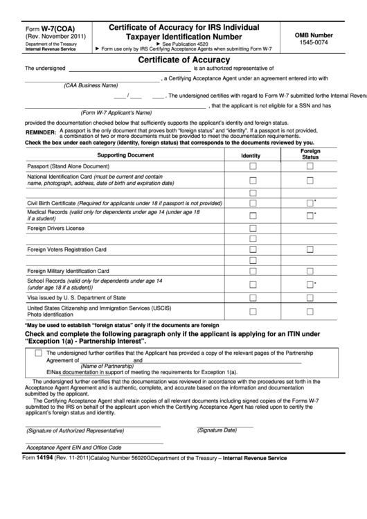 Fillable Form W7(Coa) Certificate Of Accuracy For Irs Individual