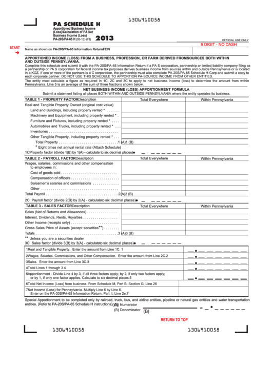 Fillable Form Pa20s/pa65 H Pa Schedule H Apportioned Business