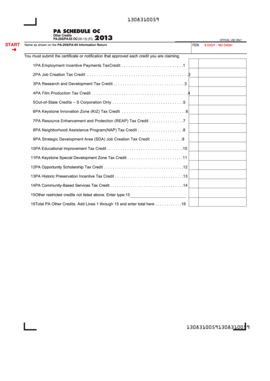 Fillable Form Pa20s/pa65 Oc Pa Schedule Oc Other Credits 2013 printable pdf download