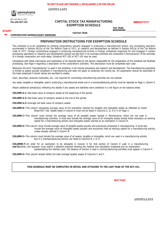 Fillable Form Rct102 Pennsylvania Capital Stock Tax Manufacturing