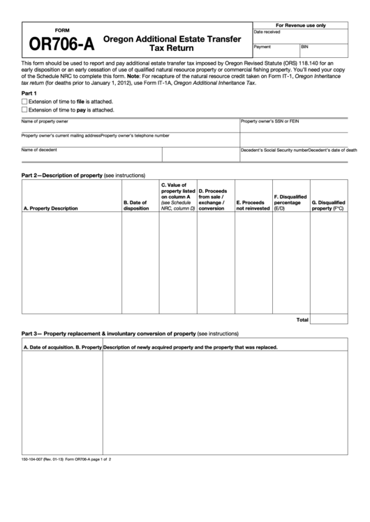 Fillable Form Or706A Oregon Additional Estate Transfer Tax Return