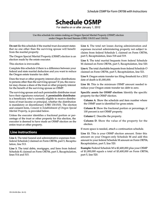 Fillable Form Or706 Schedule Osmp Oregon Special Marital Property