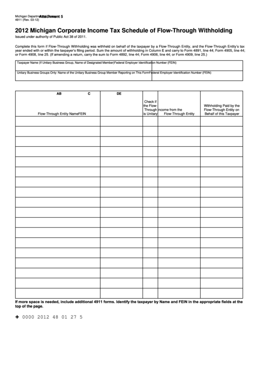 Form 4911 Michigan Corporate Tax Schedule Of FlowThrough Withholding 2012 printable