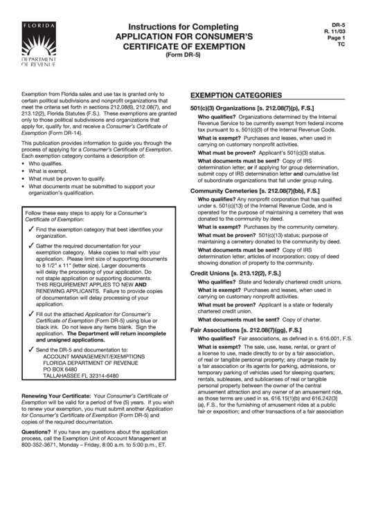 Form Dr5 Application For Consumer'S Certificate Of Exemption