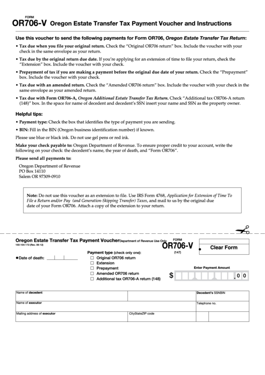 Form Or706V Oregon Estate Transfer Tax Payment Voucher And