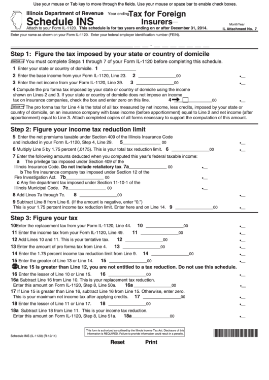 Fillable Schedule Ins Illinois Tax For Foreign Insurers printable pdf
