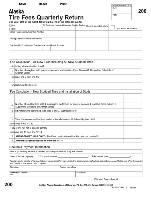 Fillable Form 0405200 Tire Fees Quarterly Return printable pdf download