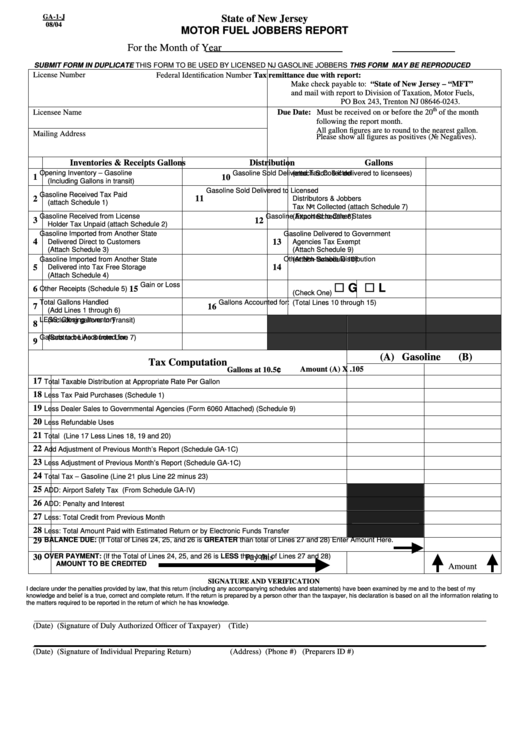 Fillable Form Ga1J Motor Fuel Jobbers Report printable pdf download