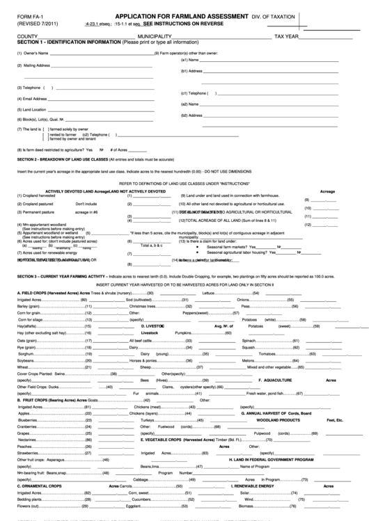 Fillable Form Fa1 Application For Farmland Assessment printable pdf
