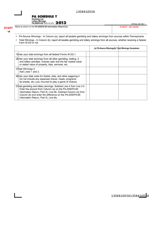 Fillable Form Pa20s/pa65 T Pa Schedule T Gambling And Lottery