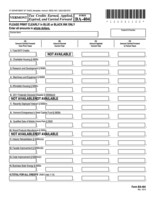 Fillable Form Ba404 Vermont Tax Credits Earned, Applied, Expired