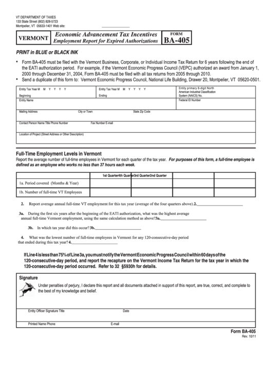 Form Ba405 Vermont Economic Advancement Tax Incentives printable pdf
