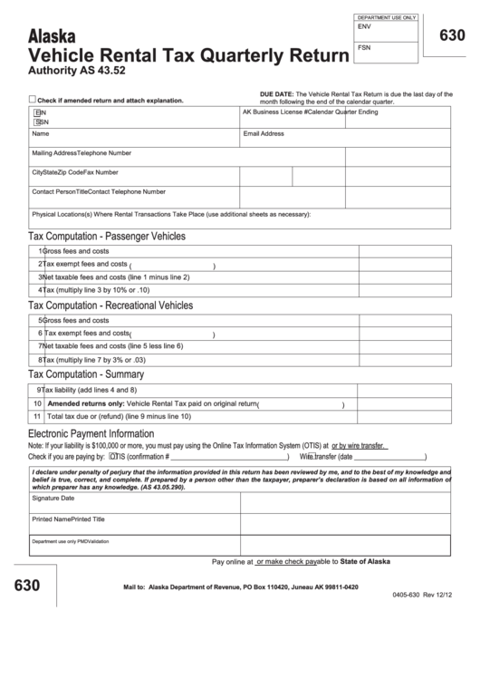 Fillable Form 0405630 Vehicle Rental Tax Quarterly Return printable