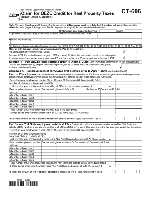 Form Ct606 Claim For Qeze Credit For Real Property Taxes 2013