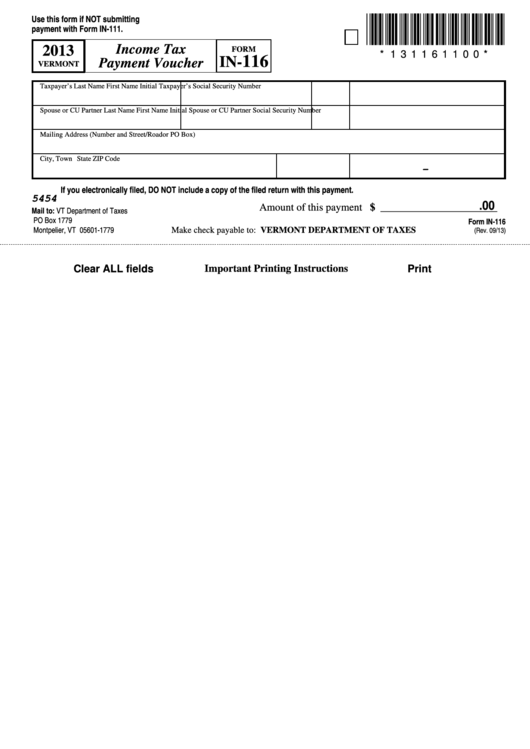Fillable Form In116 Vermont Tax Payment Voucher 2013