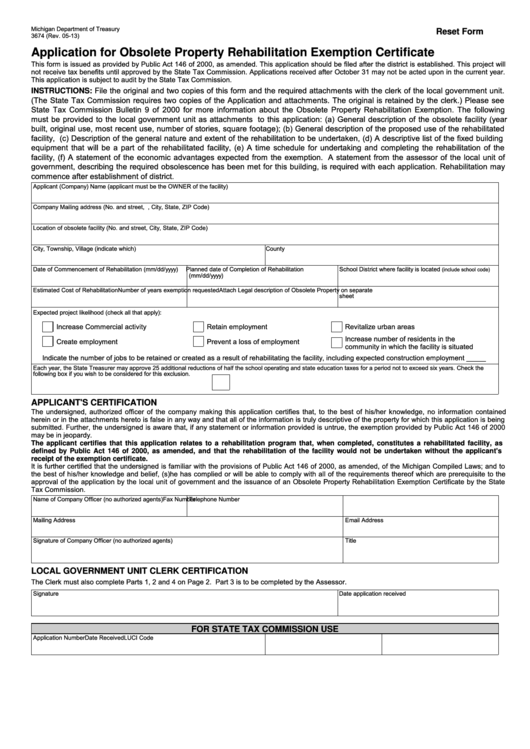 Fillable Form 3674 Application For Obsolete Property Rehabilitation