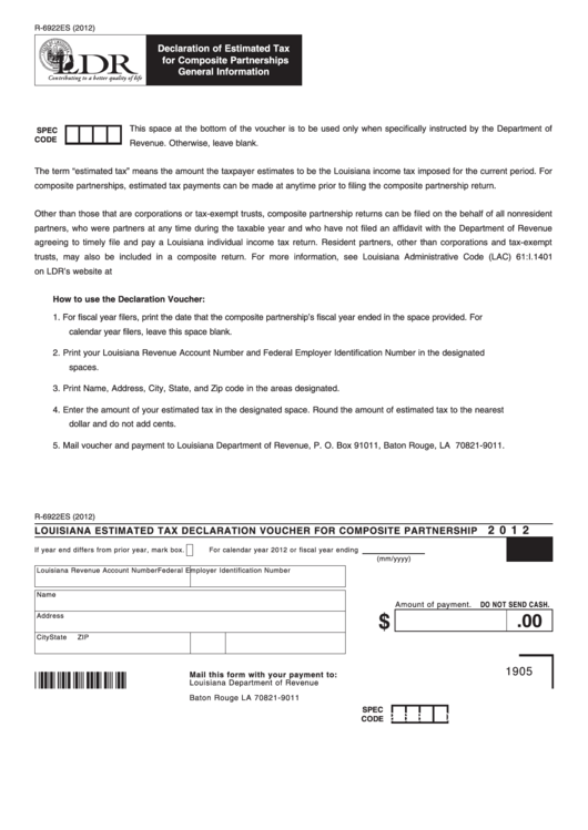 Fillable Form R6922es Louisiana Estimated Tax Declaration Voucher