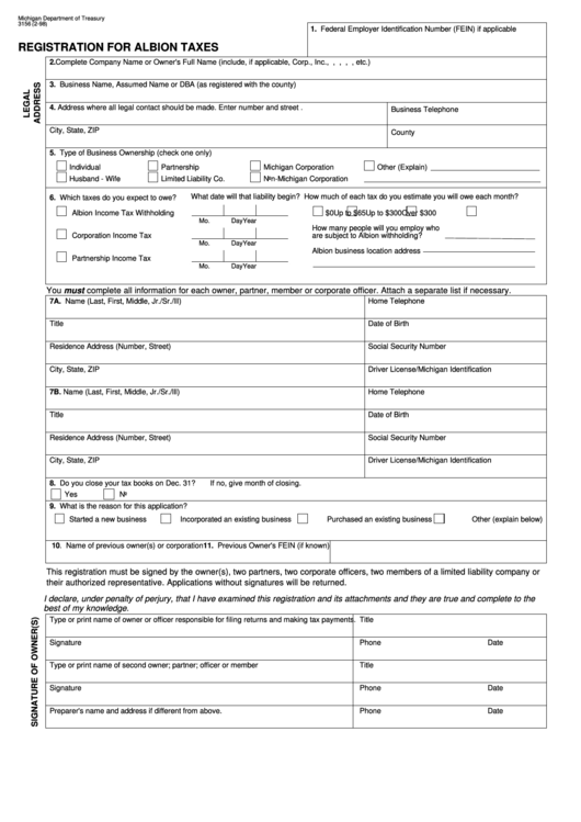 Fillable Form 3156 Registration For Albion Taxes printable pdf download