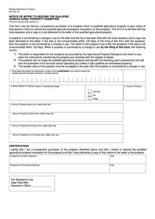 Form 3677 Notice Of Intent To Rescind The Qualified Agricultural