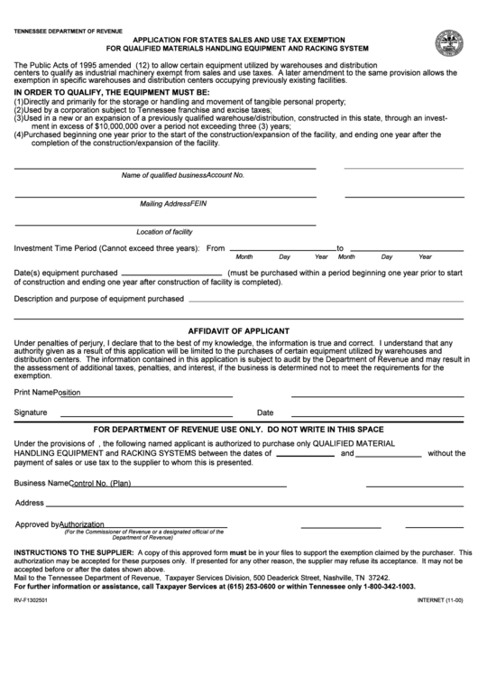 Form RvF1302501 Aplication For States Sales And Use Tax Exemption