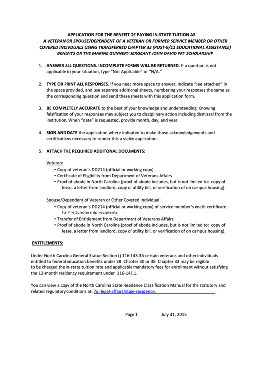 Fillable Application For The Benefit Of Paying InState Tuition As A