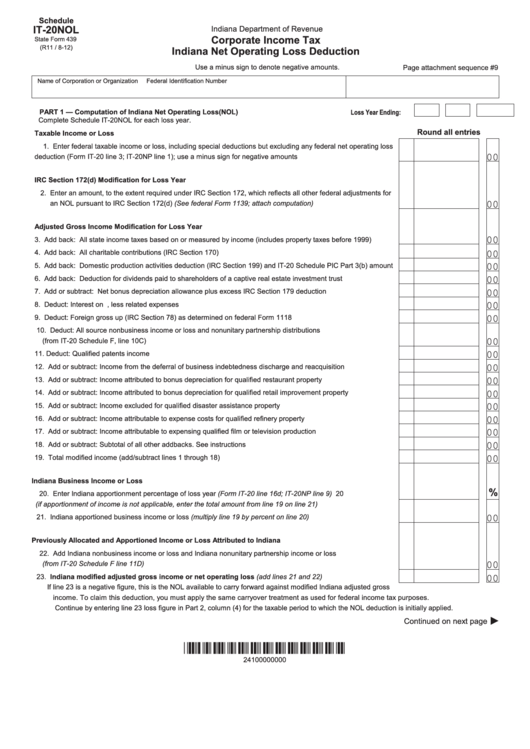 Fillable State Form 439 Schedule It20nol Corporate Tax