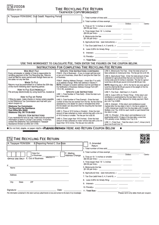Fillable Form Stw20008 Tire Recycling Fee Return printable pdf download