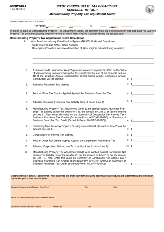 Form Wv/mptac1 Manufacturing Property Tax Adjustment Credit