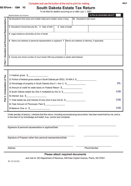 Fillable Form Rv 135 South Dakota Estate Tax Return printable pdf