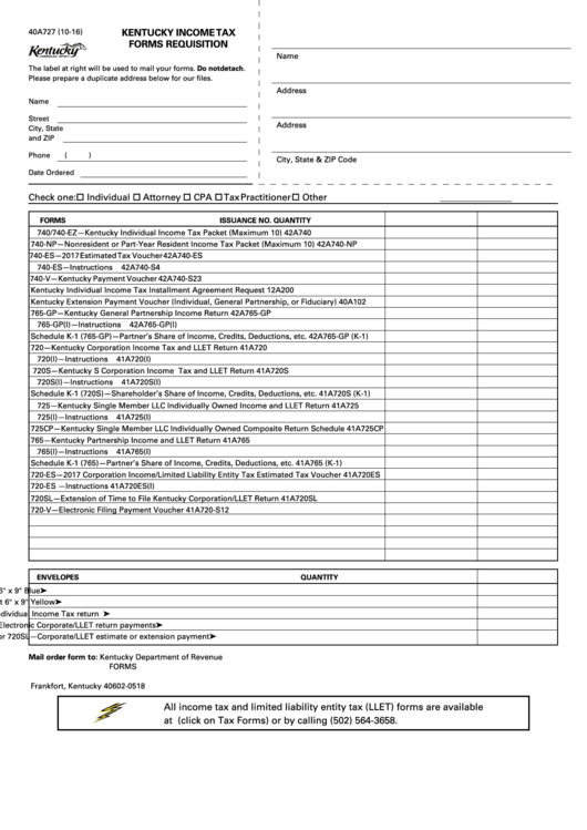Form 40a727 Kentucky Tax Forms Requisition 2016 printable