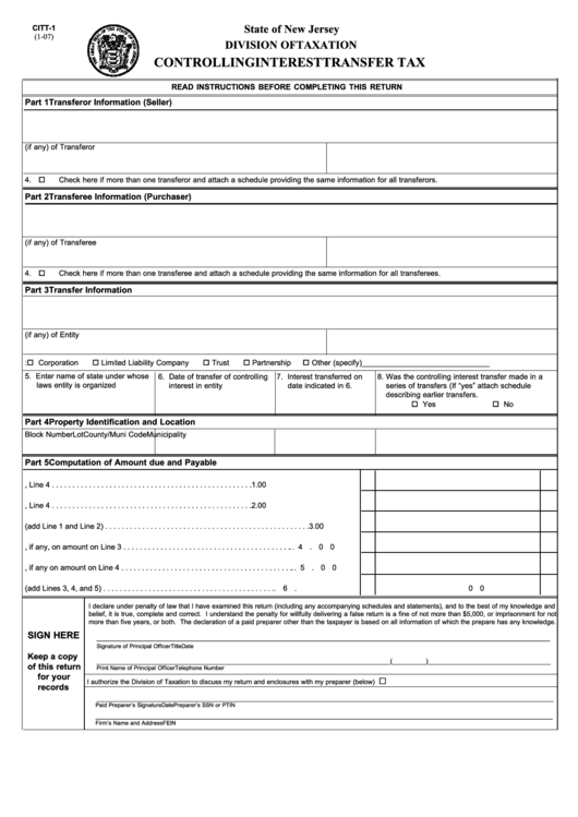 Fillable Form Citt1 Controlling Interest Transfer Tax printable pdf