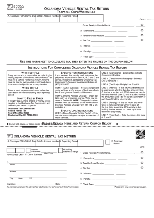 Fillable Form Stl20011 Oklahoma Vehicle Rental Tax Return printable