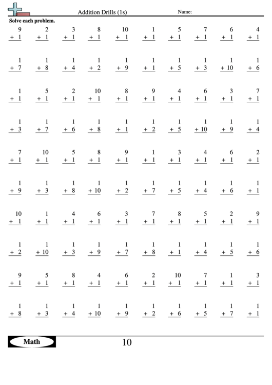 Addition Drills (1s) - Math Worksheet With Answer Key printable pdf