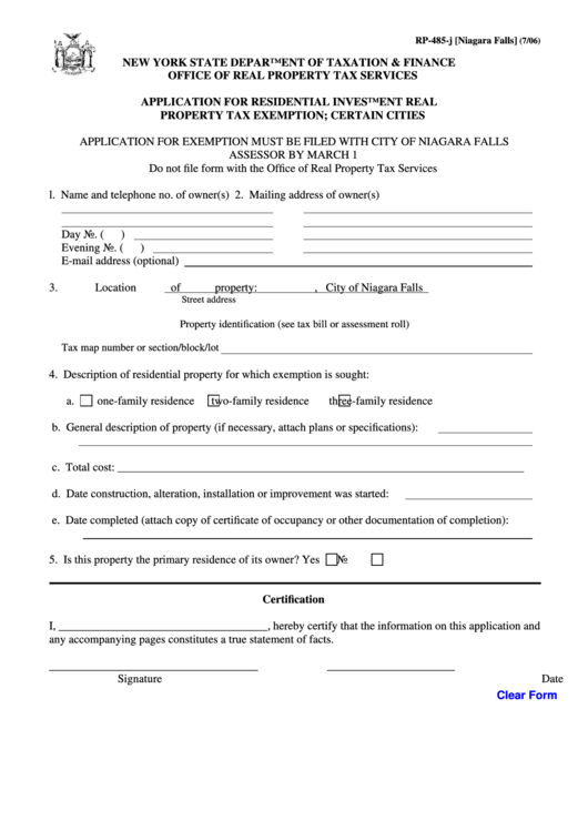 Fillable Form Rp485J (Niagara Falls) Application For Residential