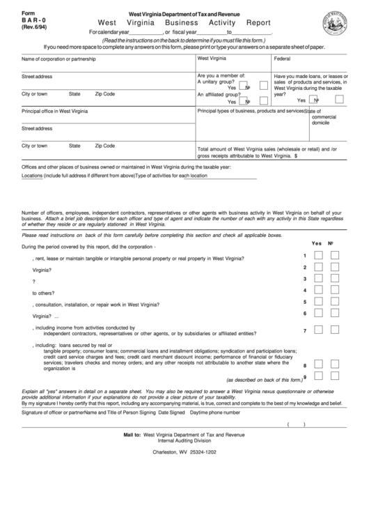 Form Bar0 West Virginia Business Activity Report printable pdf download