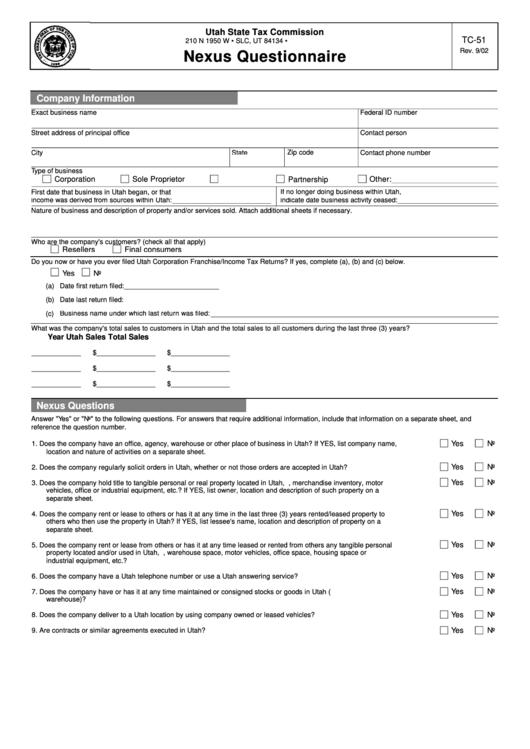 Fillable Form Tc51 Nexus Questionnaire printable pdf download