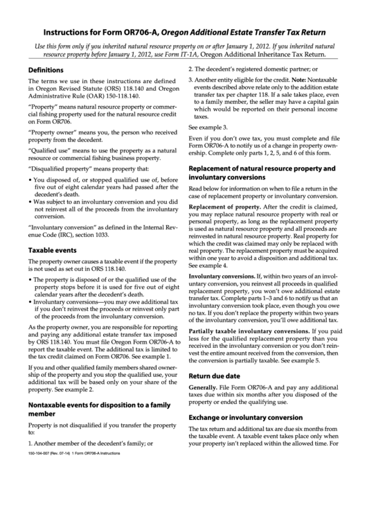 Fillable Form Or706A Oregon Additional Estate Transfer Tax Return