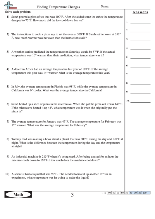 Finding Temperature Changes Math Worksheet With Answers printable pdf