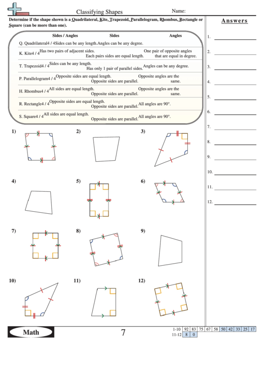 Classifying Shapes - Geometry Worksheet With Answers printable pdf download