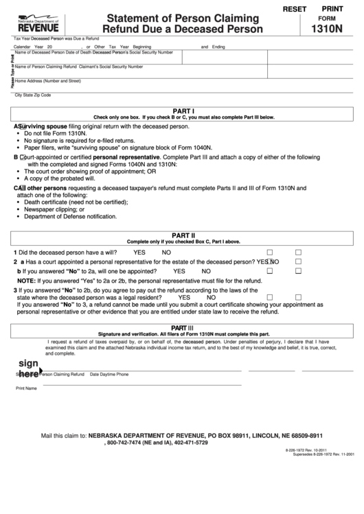 Fillable Form 1310n Statement Of Person Claiming Refund Due A Deceased Person printable pdf