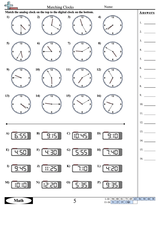 Matching Clocks Math Worksheet With Answers printable pdf download