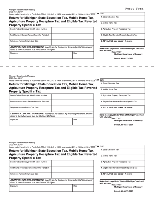 Fillable Form 2720 Return For Michigan State Education Tax, Mobile