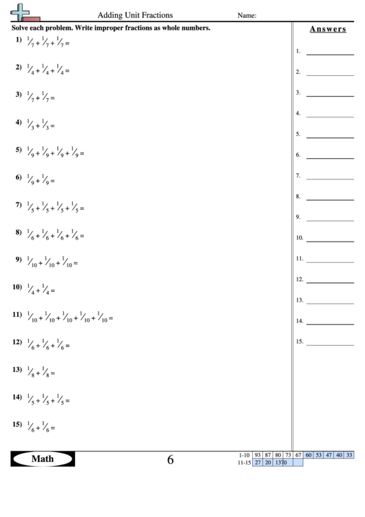 Adding Unit Fractions - Fraction Worksheet With Answers printable pdf
