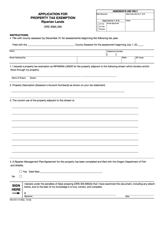 Form 150310114 Application For Property Tax Exemption Riparian